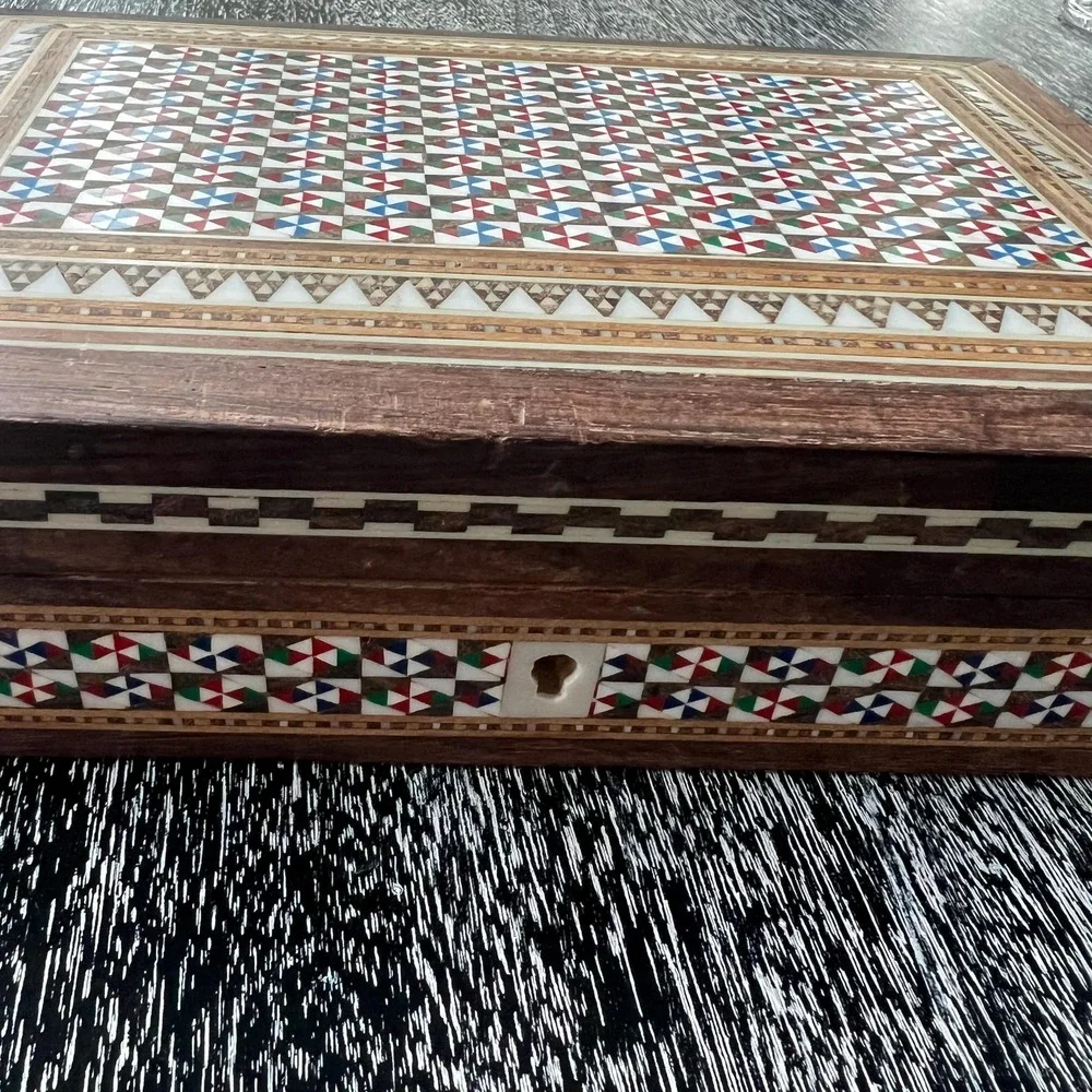 Vintage Wooden Marquetry Jewelry Box White,‎ Red, Green, Blue